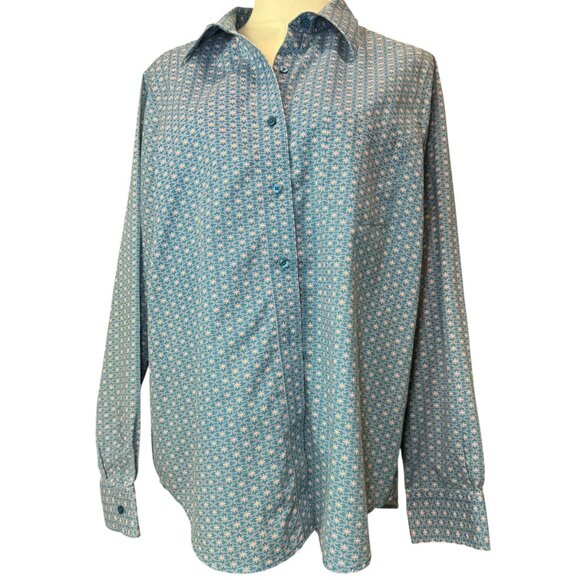 BFA Classic Blue Button Down Shirt L Geometric Floral Print Long Sleeve Blouse - Picture 6 of 8